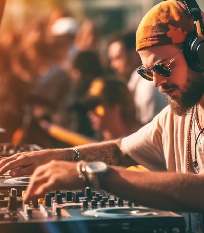 DJ is mixing music with deejay controller at outdoor summer pool or beach party - nightlife people lifestyle concept DJ is mixing music with deejay controller at outdoor summer pool or beach party - nightlife people lifestyle concept