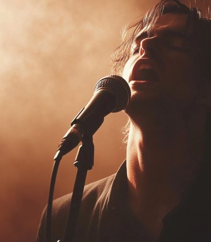 Male singer passionately performing on stage with a microphone, backlit by warm, dramatic lighting creating a smoky atmosphere. Male singer passionately performing on stage with a microphone, backlit by warm, dramatic lighting creating a smoky atmosphere.